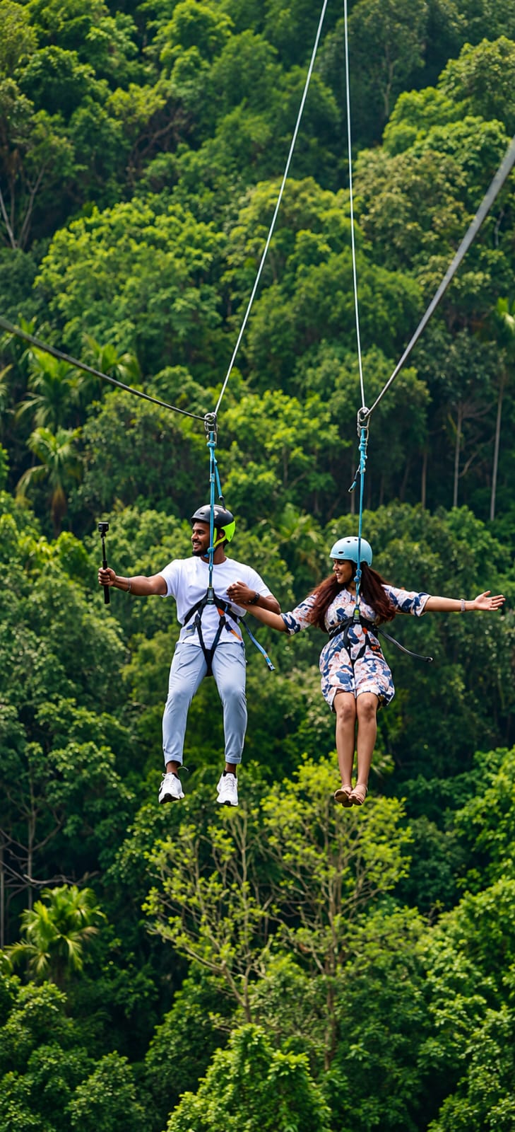 Travellers ziplining through lush forest